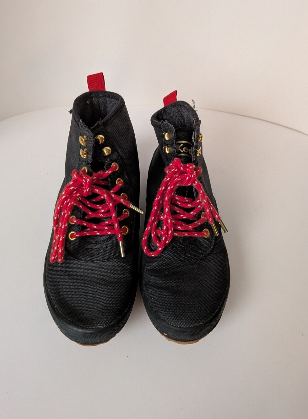 Keds Black High-Top Rain Boot with Red Laces and Gold Hardware